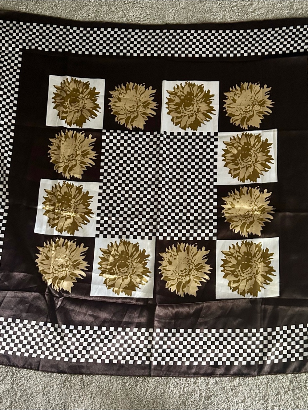 Checkerboard Floral Satin Scarf in Black and Gold